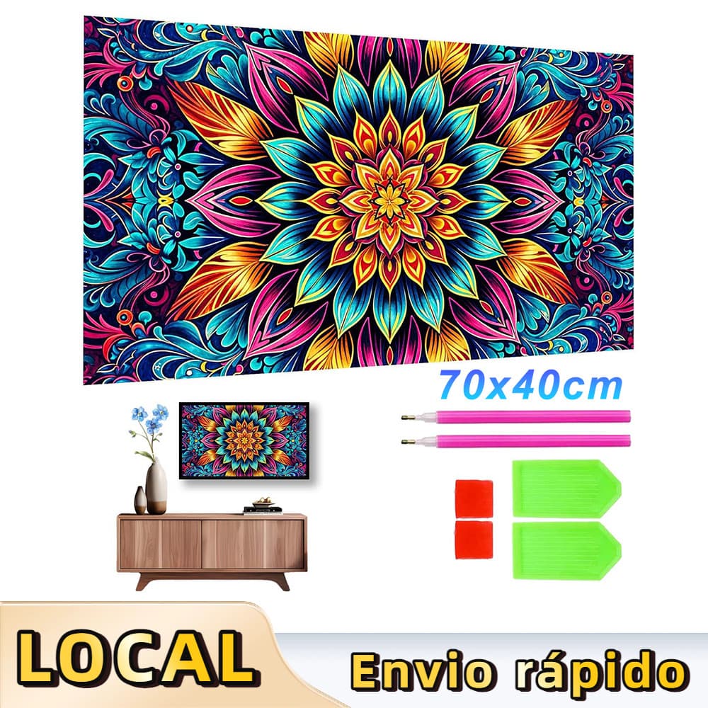 Pintura de Diamante 5D Tema Mandala 70x40cm – Conjunto Completo com Ferramentas, Inclui Tela, Caneta, Bandeja e Cola