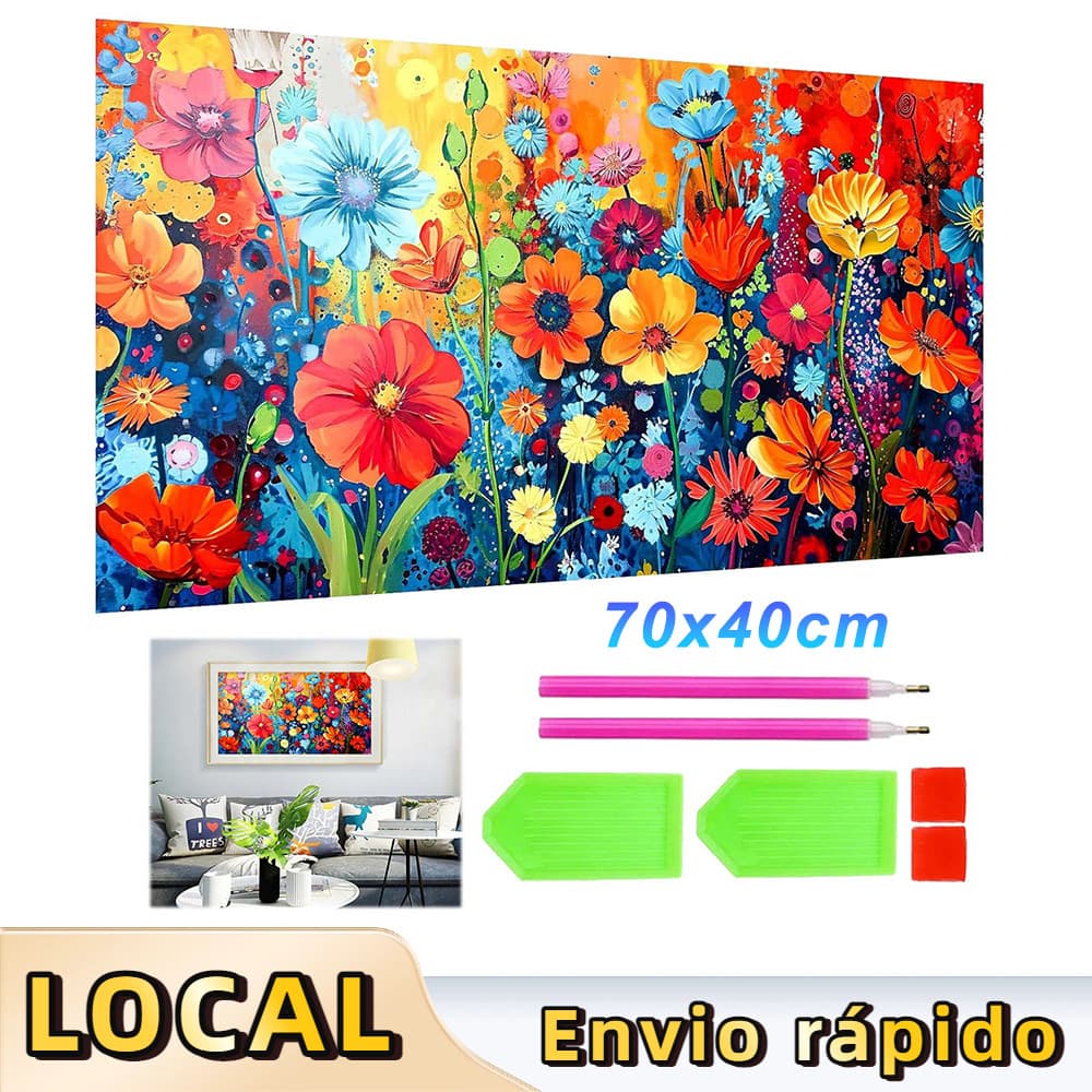 Pintura de Diamante 5D Tema Flor Colorida 70x40cm – Conjunto Completo com Ferramentas, Inclui Tela,Caneta,Bandeja e Cola