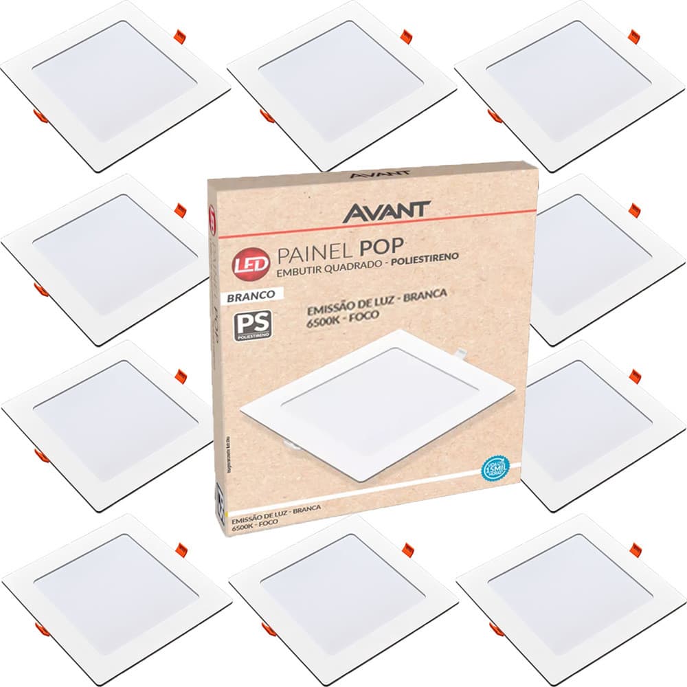 Kit 10 Painel Plafon Quadrado Embutir 12W Luz Branca 6500K Luminária de Gesso Forro 127v 220v Avant