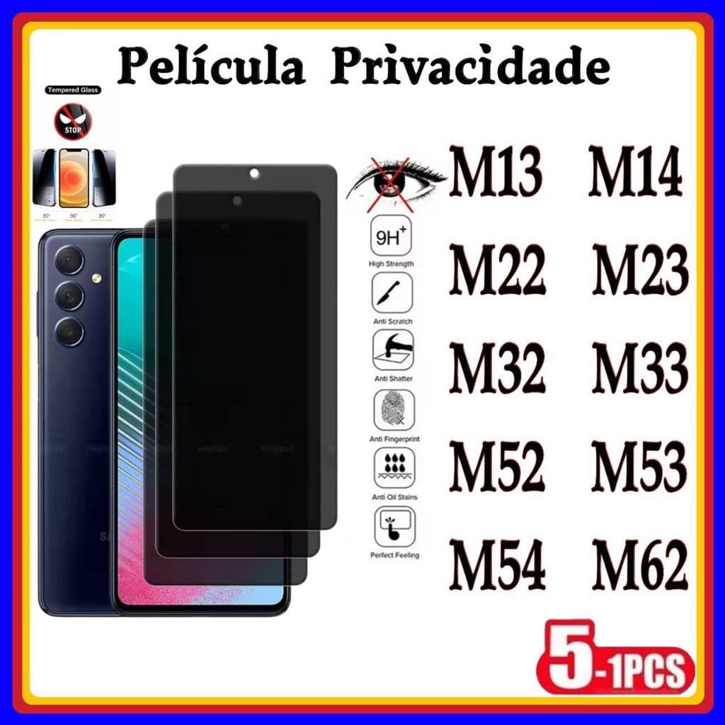 Película de Privacidade 3D Vidro Temperado Anti Spy Samsung M13 M14 M22 M23 M32 M33 M34 M52 M53 M54 M62