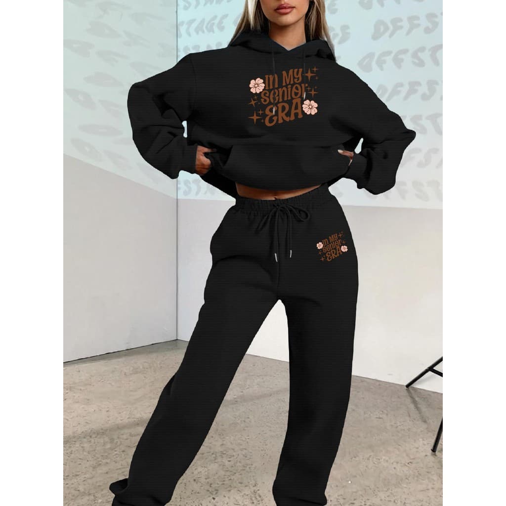 Conjunto de Duas Peças Outono/Inverno 2025 Moletom com Estampa Floral Moletom Casual  Letras