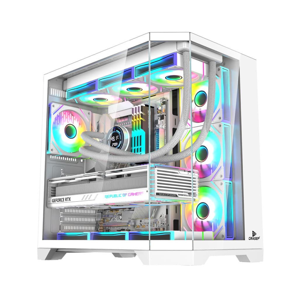 Gabinete Gamer Mid Tower Áquario Vidro Temperado White ATX/M-ATX Sem Fonte Com 7 Fans Rainbow RGB D-MATX08