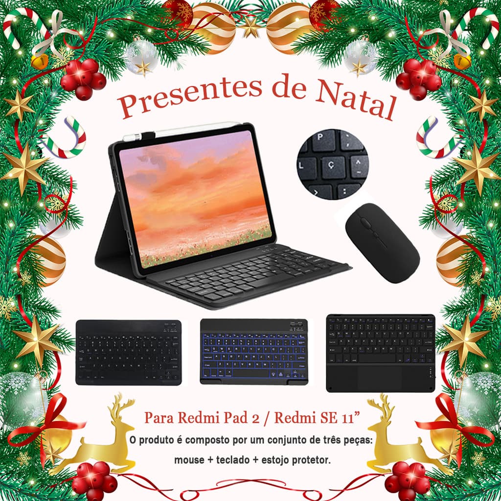 Capa Com Teclado Bluetooth + Mouse Sem Fio (Com Tecla C) Para Redmi Se 11"/Redmi Pad 2
