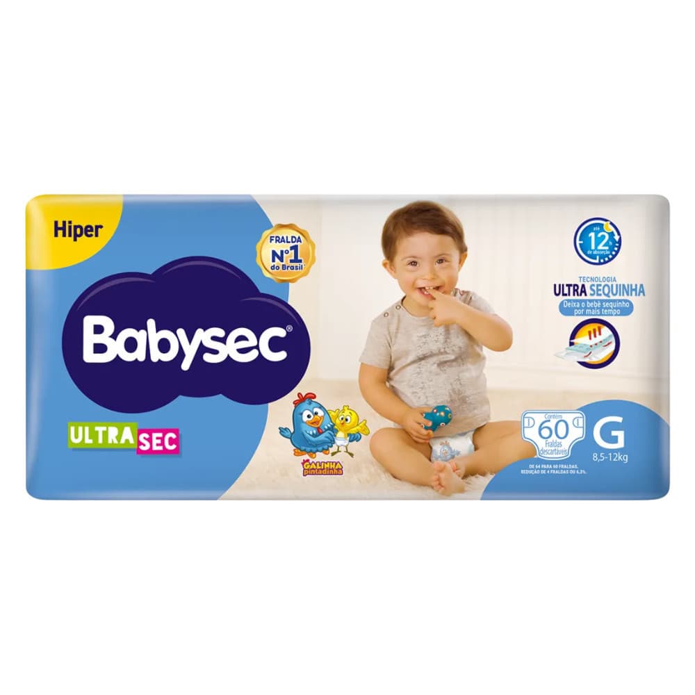 Fralda BabySec Ultrasec Hiper G com 60 Fraldas Galinha Pintadinha Econômica-  Conforto e Alta Absorção