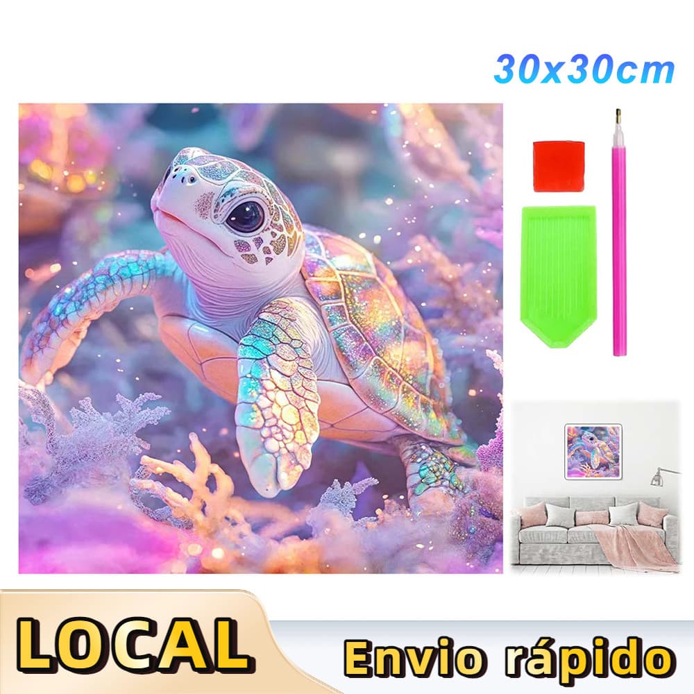 Pintura de Diamante 5D Tema Tartaruga Colorida 30x30cm – Kits DIY, Ferramentas Inclusas, Perfeito para Iniciantes