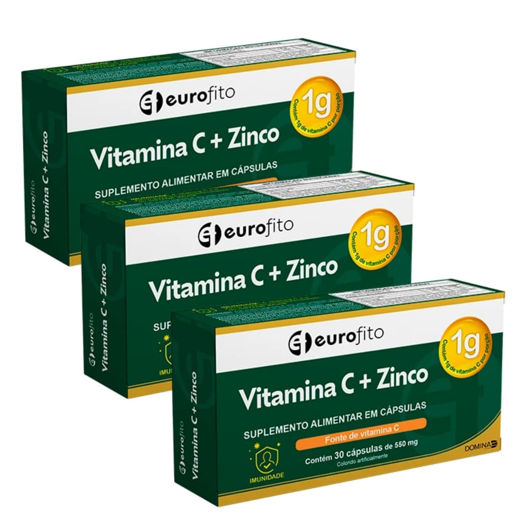 Kit 3x Vitamina C + Zinco Eurofito Suplemento Vitamina C + Zinco Eurofito - Fortalecimento Imunológico | 30 caps 