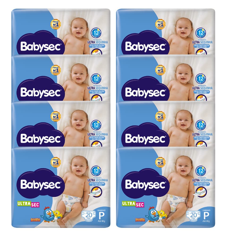 Kit com 8 Pacotes Fralda Babysec UltraSec Jumbinho P Galinha Pintadinha 20 unidades cada Toque Macio + 12h Seco