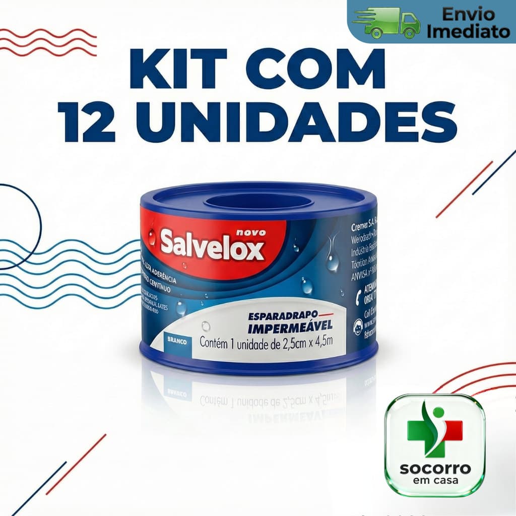 Kit com 12 Unidades Esparadrapo Impermeável 2,5cm X 4,5m Branco - Salvelox