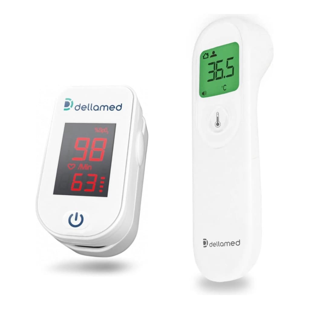 Kit Oxímetro de Dedo Digital Dellamed + Termômetro Medidor de Temperatura sem Contato