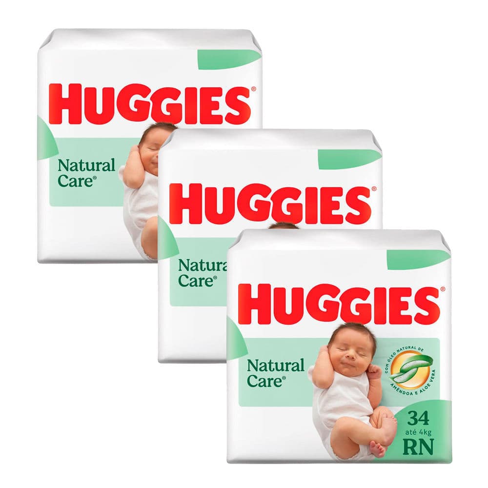 Kit 3 Fralda Premium Huggies Natural Care RN 34 Unidades