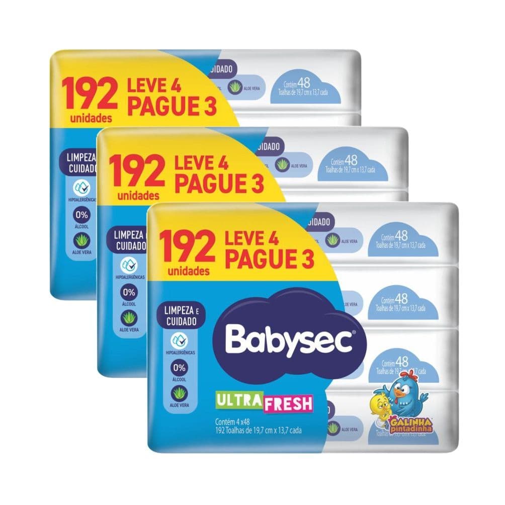 Combo 3x Pack 4 Pacotes de BabySec Toalhas Umedecidas 48 Folhas cada