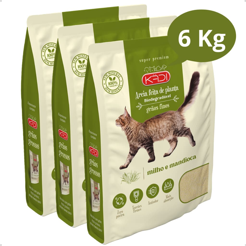 Kit 3 Areia Sanitária Higiênica Natural Biodegradável Grãos Finos Milho e Mandioca Gatos Kadi 6 kg