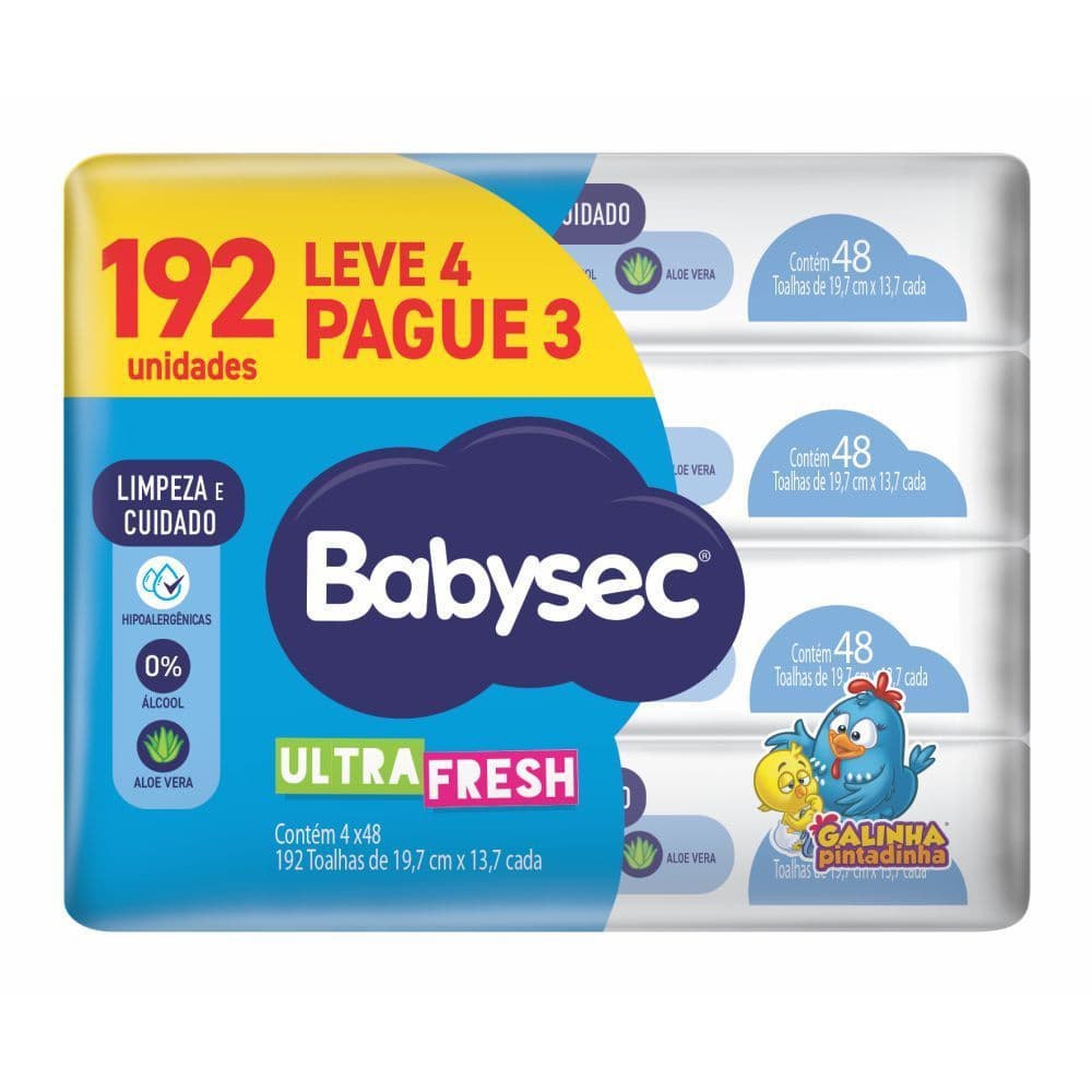BabySec Toalhas Umedecidas 48 Folhas – Pack com 4 Pacotes- Rende Mais