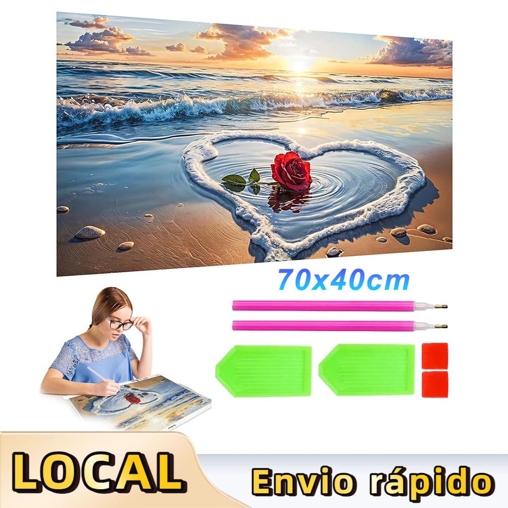 Pintura de Diamante 5D Tema Mar Coração Rosa 70x40cm – Seaside Rose Theme, Alívio do Estresse, para Quarto e Sala