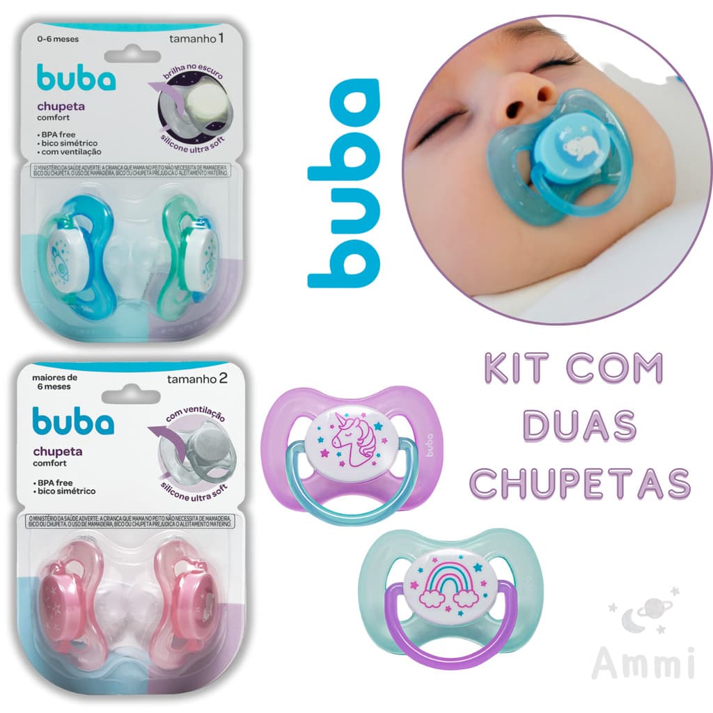 Kit Chupeta Bico Buba 2 Unidades Noturna Comfort Ultra Soft Tamanho 1 e 2 Para Bebe