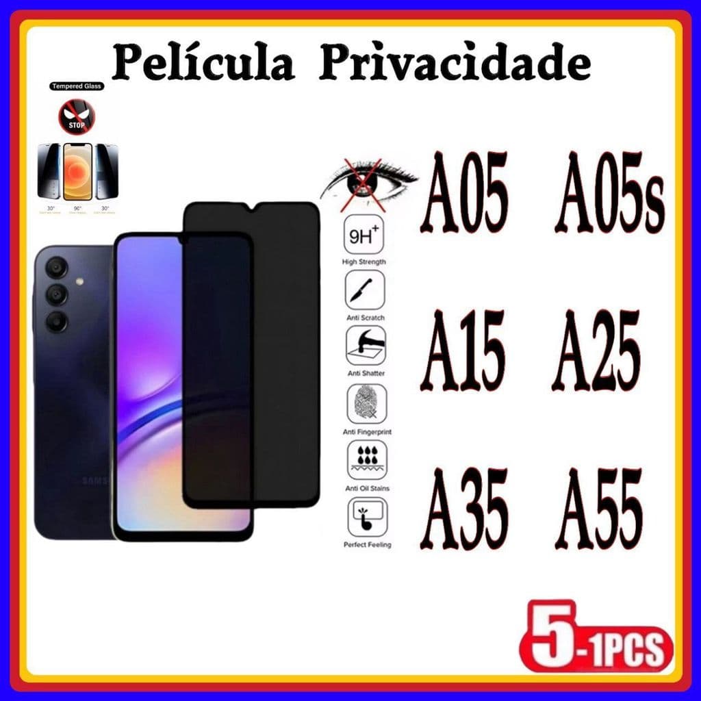 Película de Privacidade 3D Vidro Temperado Anti Spy Samsung A05 A05S A15 A25 A35 A55