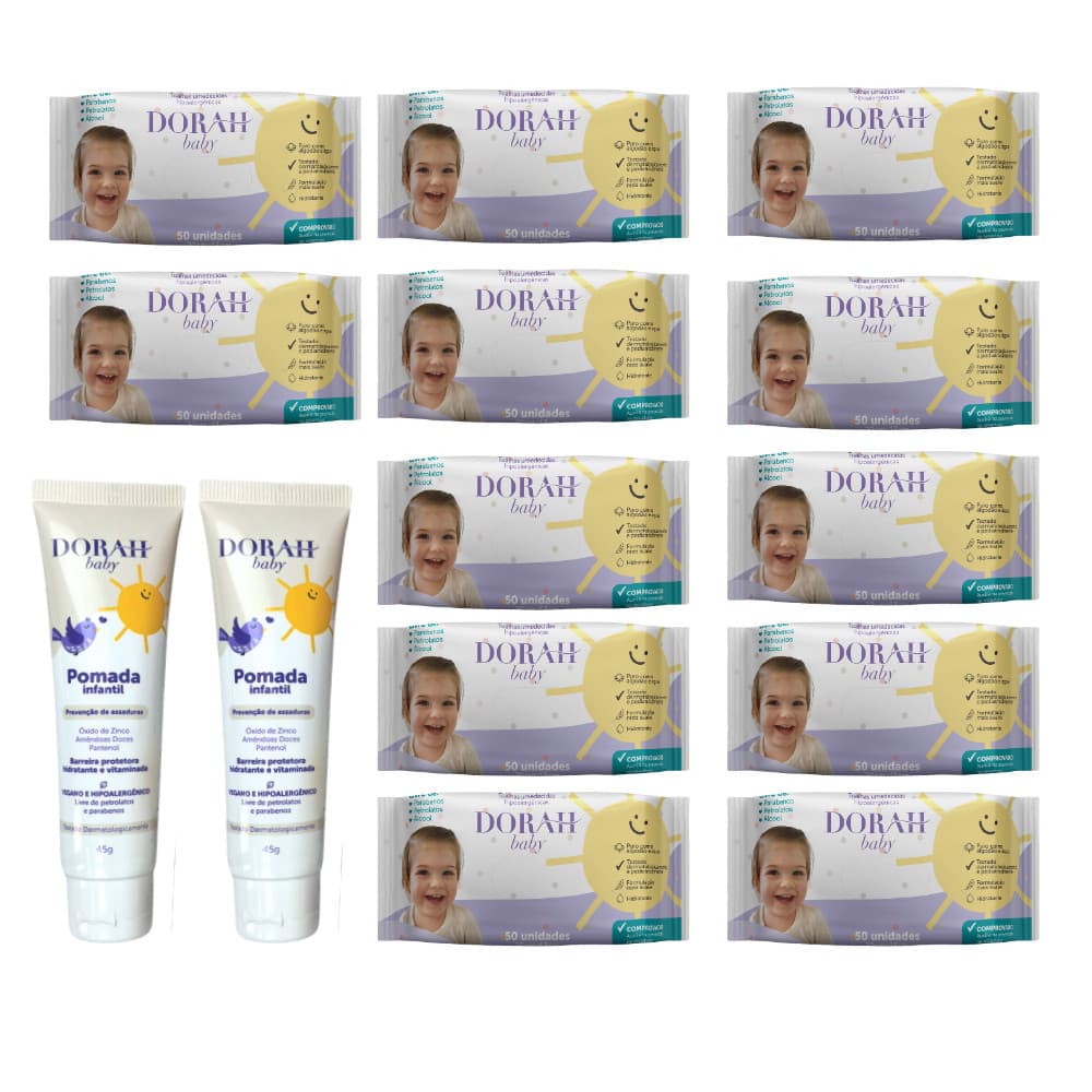 12x Toalhas Umedecidas Dorah Baby 50un + 2 Pomadas 45g Hipoalergênicas - Cuidado completo do bebê