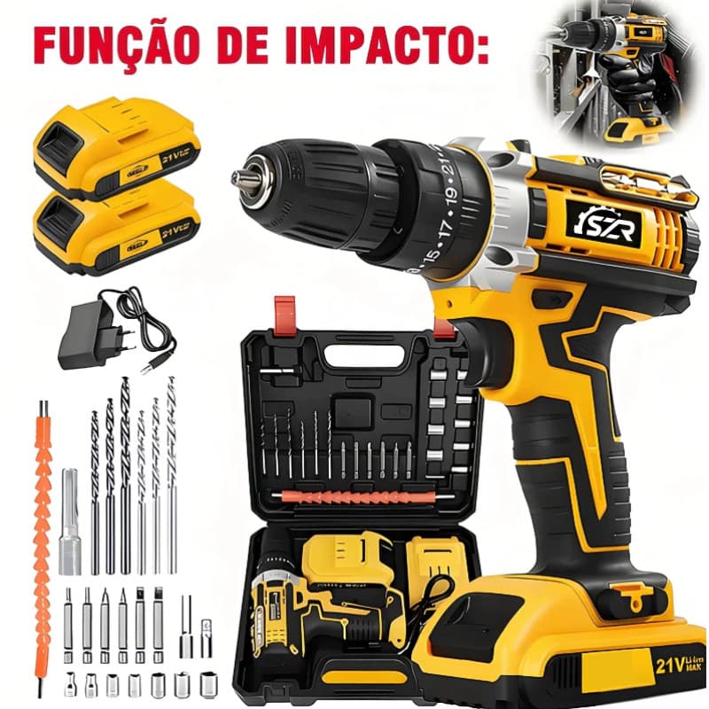 Parafusadeira Furadeira 21V 2 Baterias Com Maleta e Acessorios 24 peças