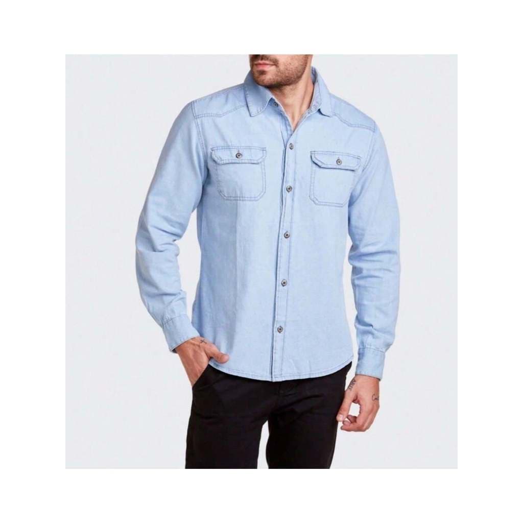 Camisa Social Jeans Masculina Lisa Slim Fit Manga Longa