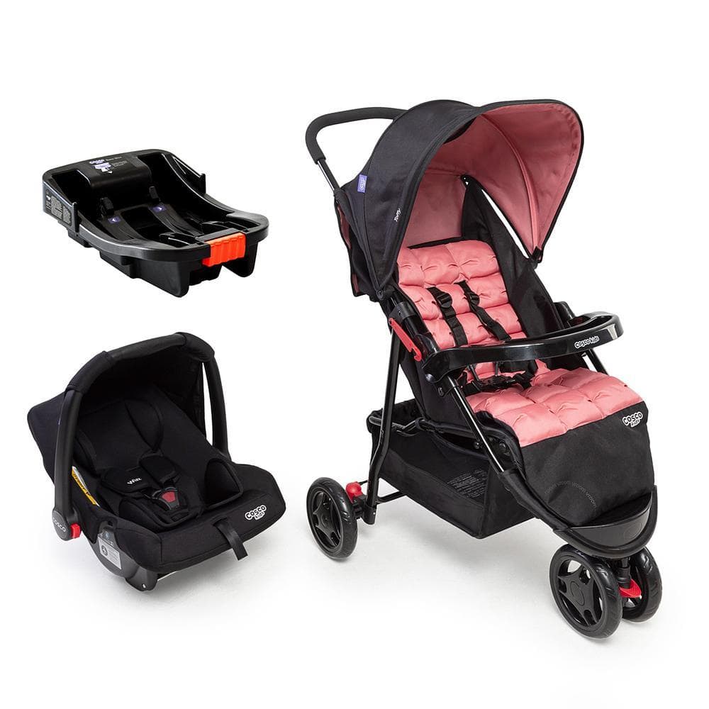 Carrinho com Bebê Conforto Cosco Kids Travel System Toffy Trio com Base Rosa Noite