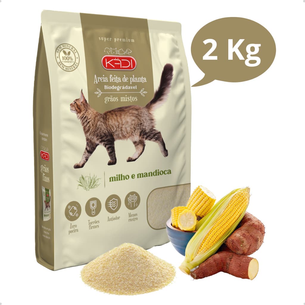 Areia Sanitária Higiênica Natural Biodegradável Grãos Mistos Milho e Mandioca Gatos Kadi 2 kg