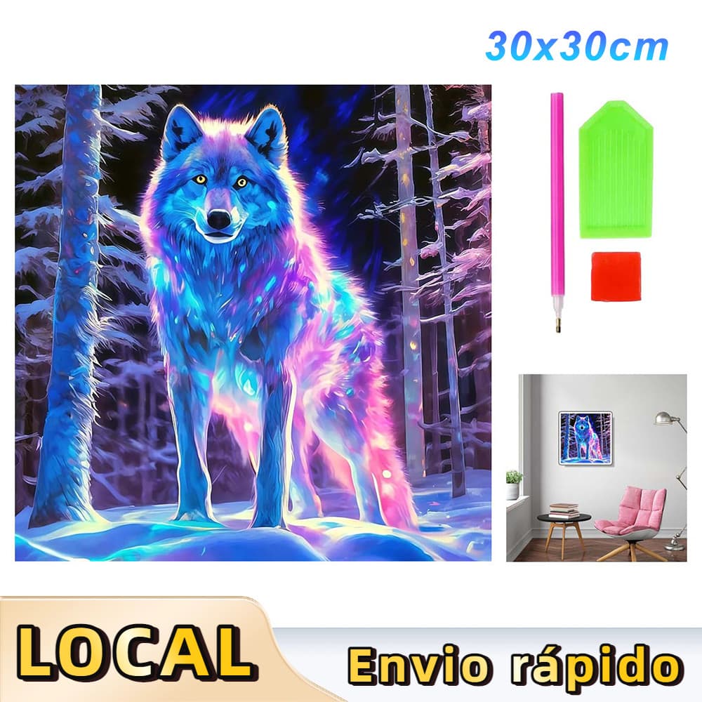 Pintura de Diamante 5D Tema Lobo na Neve 30x30cm – Conjunto Completo com Ferramentas, Inclui Tela, Caneta,Bandeja e Cola