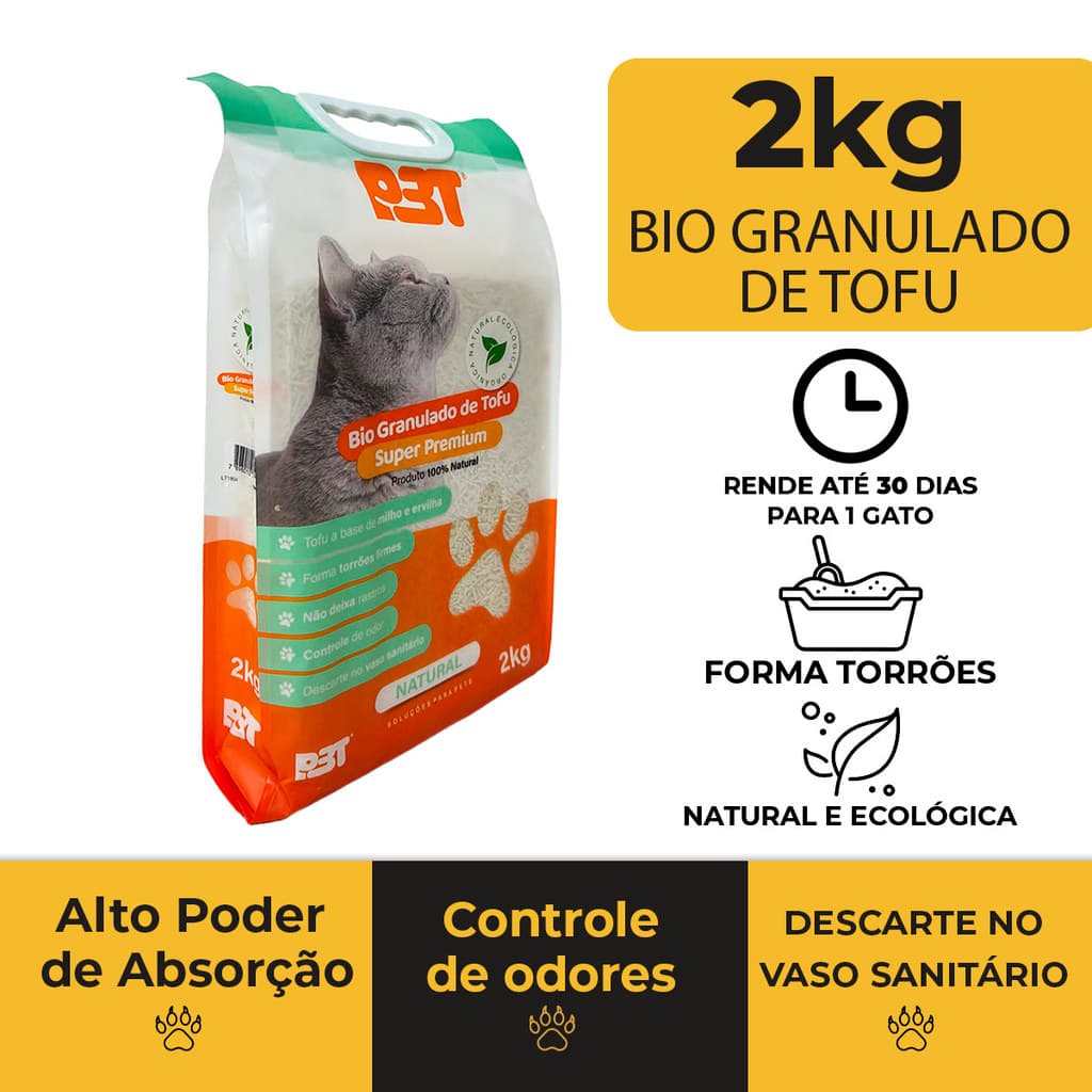 Granulado Banheiro de Gato Biodegradável Tofu 2kg Areia Sanitária de Gato Natural