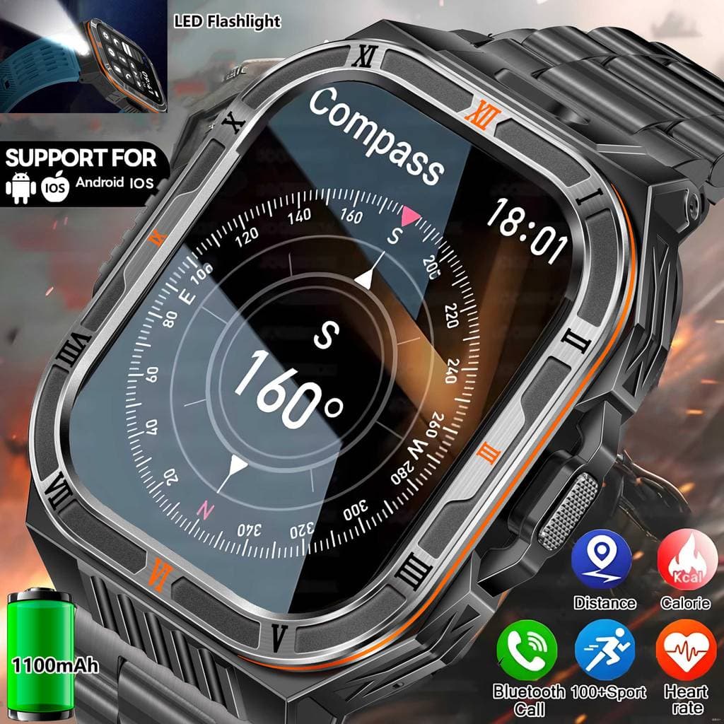 Novo Ao Ar Livre Masculino Smartwatch Relógio Inteligente Militar 1100mAh Bateria Bússola Lanterna LED IP69K 3ATM À Prov