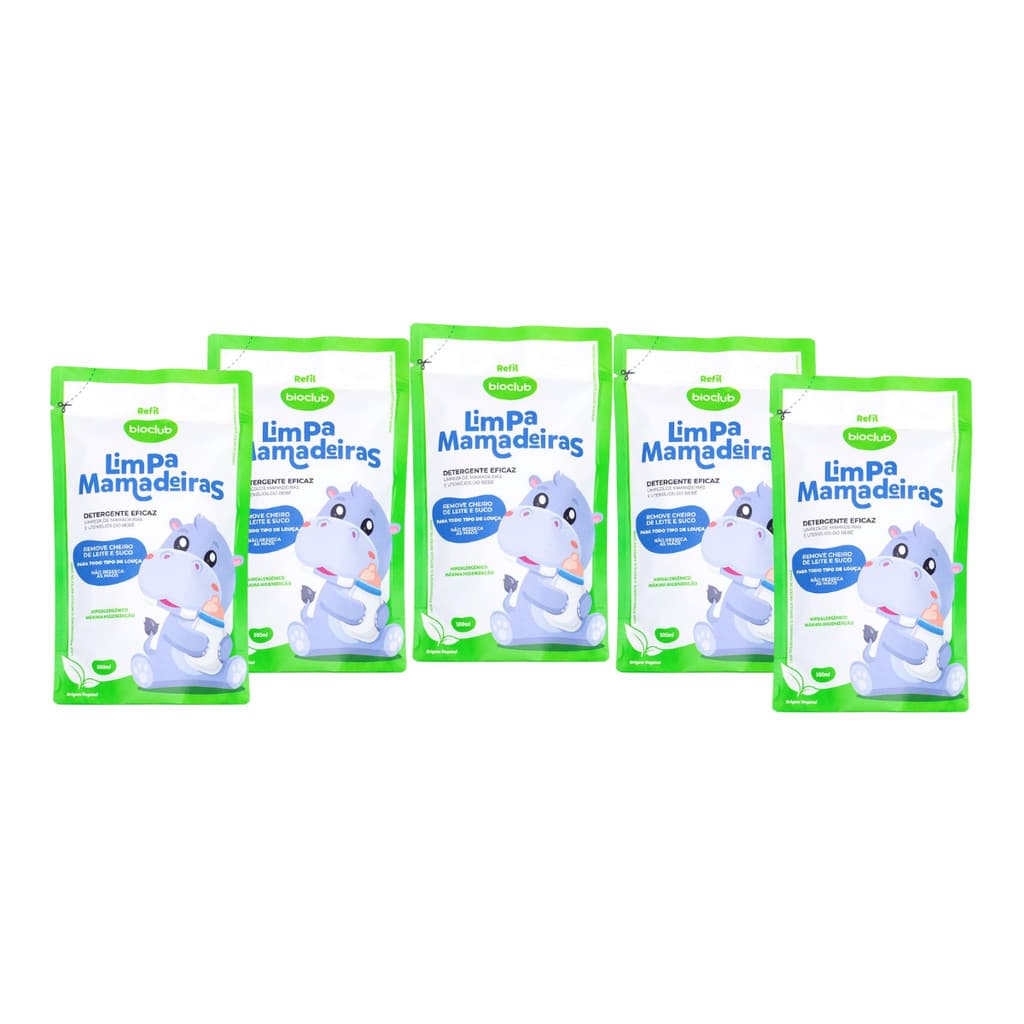 Kit 5 Refil Limpa Mamadeiras Bebe Detergente 500ml Bioclub