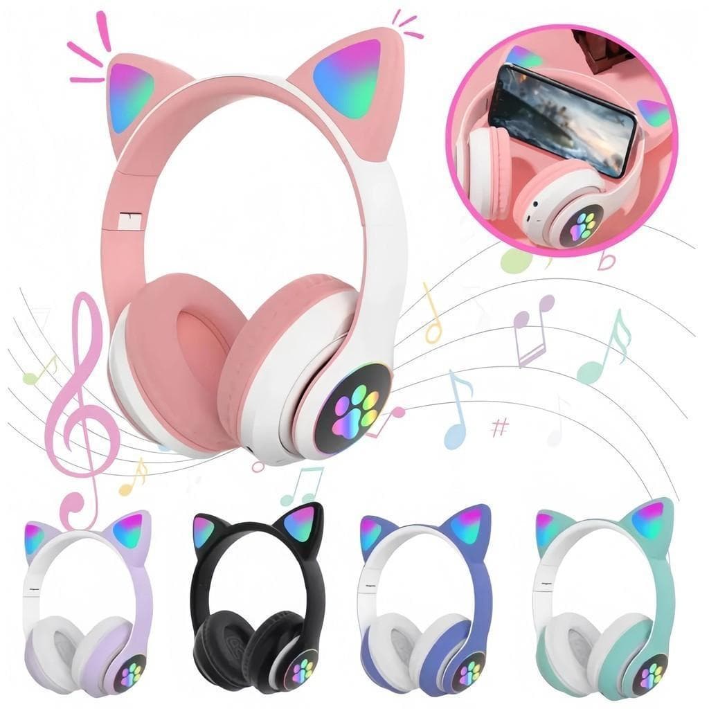 Headset Bluetooth Sem Fio Orelha de Gato com Luz LED Dobrável para Celular e PC