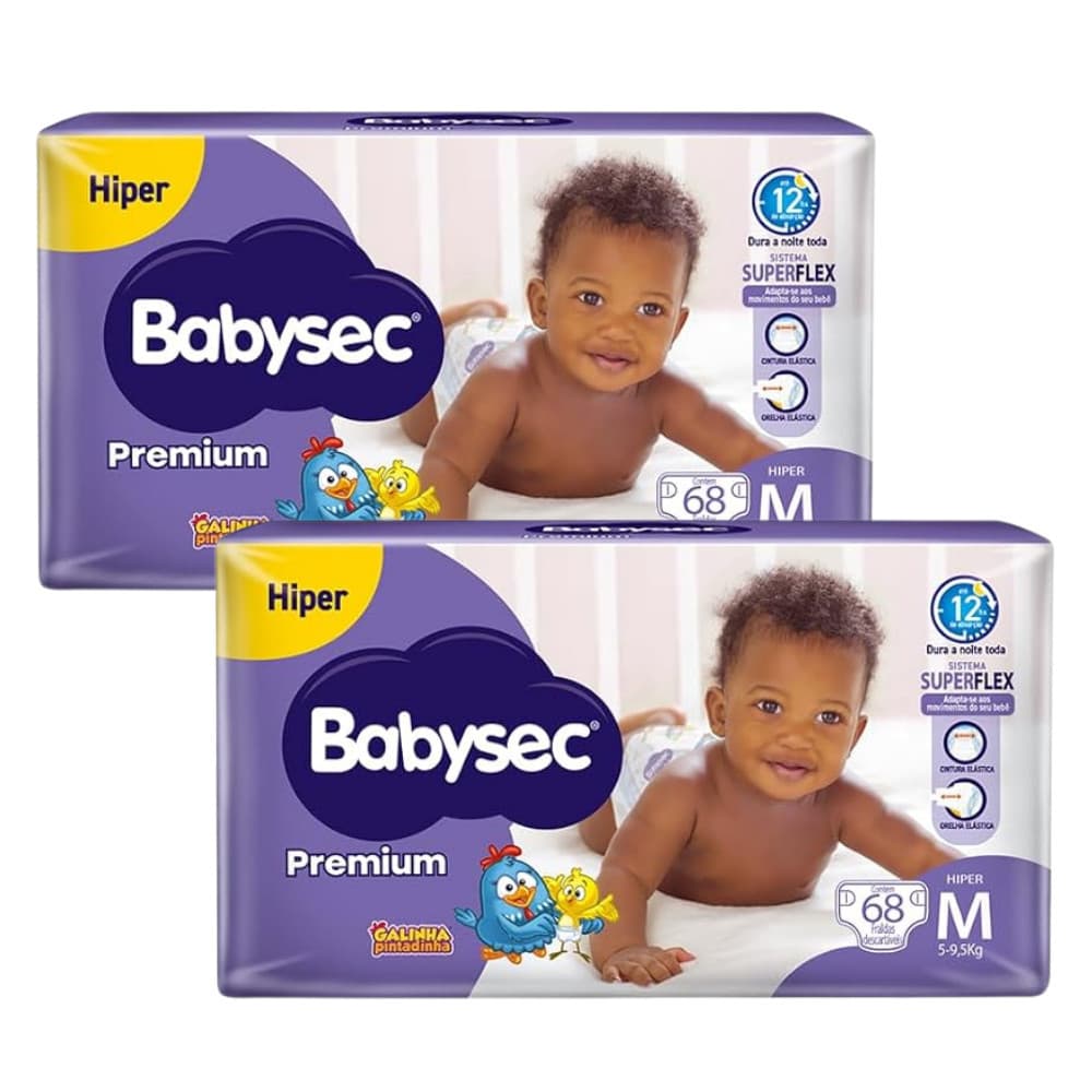 Kit Econômico 2 Pacotes de Fralda BabySec Premium Hiper M Galinha Pintadinha 68un Cada - Conforto e Alta Absorção