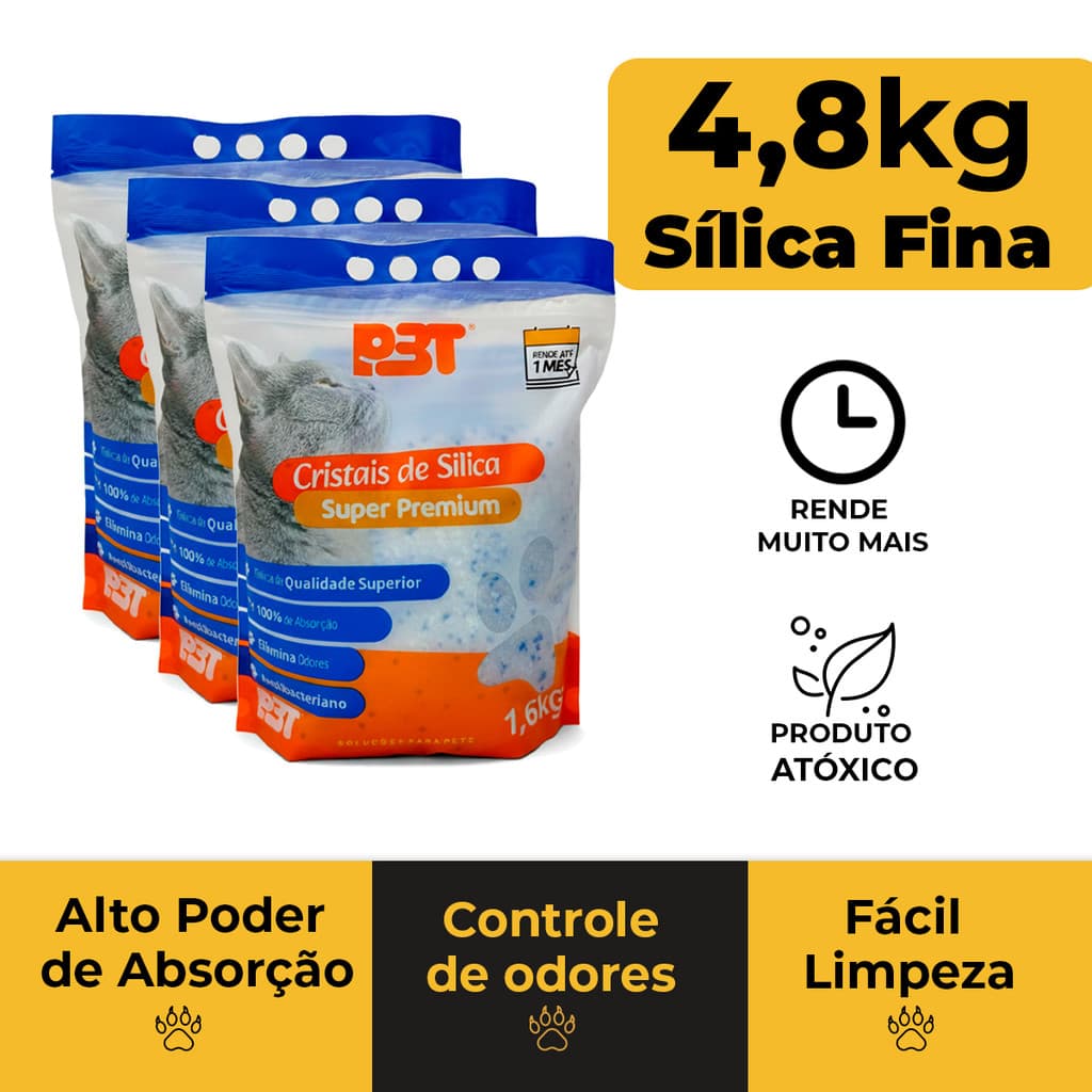 3UN Areia Sanitária Banheiro de Gato 4,8kg Cristais Sílica GROSSA P3T