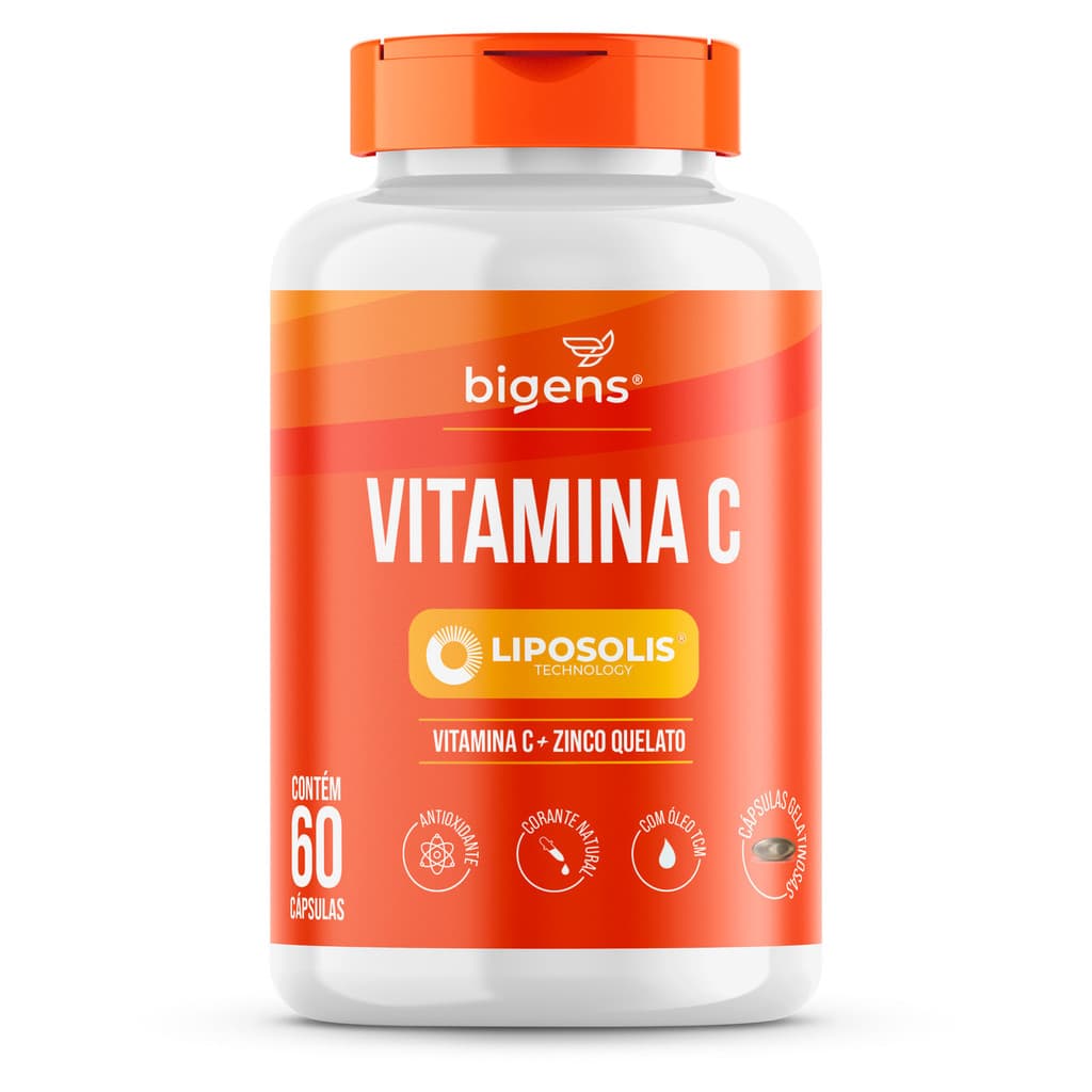 Vitamina C + Zinco Quelato LipoSolis® (Lipossomal, Alta Absorção) Formulado com TCM, 60 Cap, Bigens