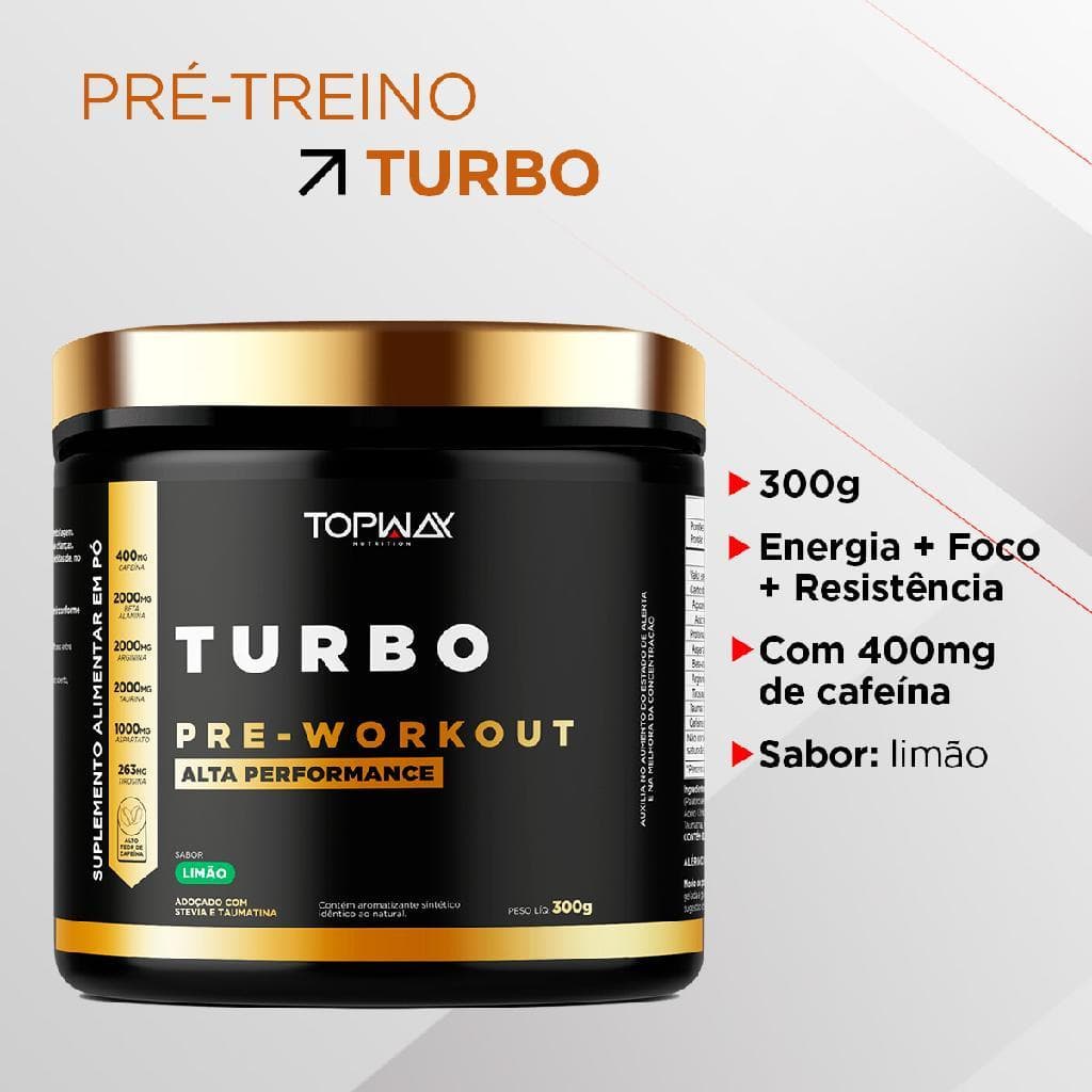 Suplemento em pó pré treino turbo topway 300g sabor limão com taurina