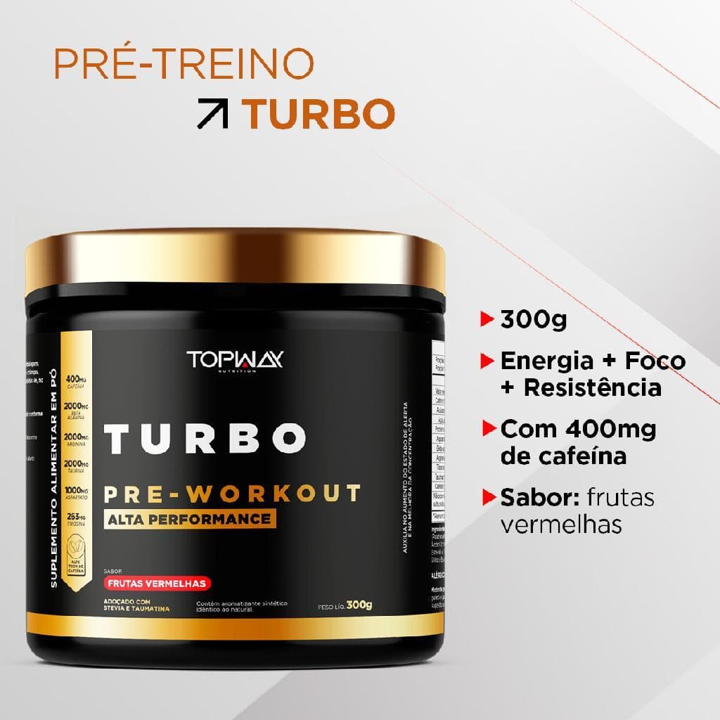 Suplemento em pó pré treino turbo topway 300g sabor frutas vermelhas com taurina