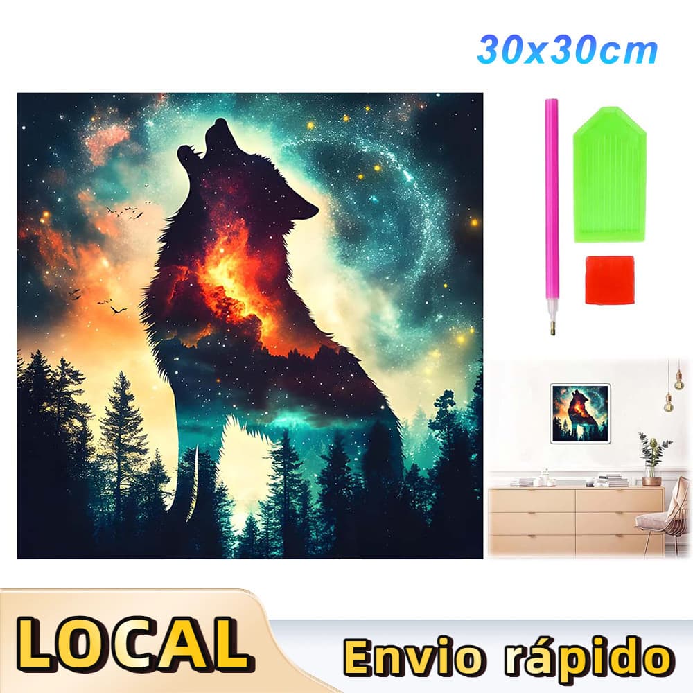 Pintura de Diamante 5D Tema Lobo à Noite 30x30cm – Mori Night Star Wolf, Conjunto Completo de Ferramentas, Tela Inclusa