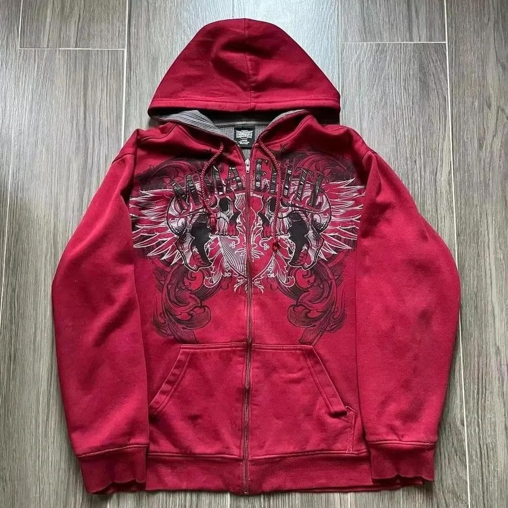 2000s Puro Algodão Vermelho Jaqueta Com Zíper Masculino Retro High Street Casal Moletom Capuz Esqueleto Cobra Y2K Estilo
