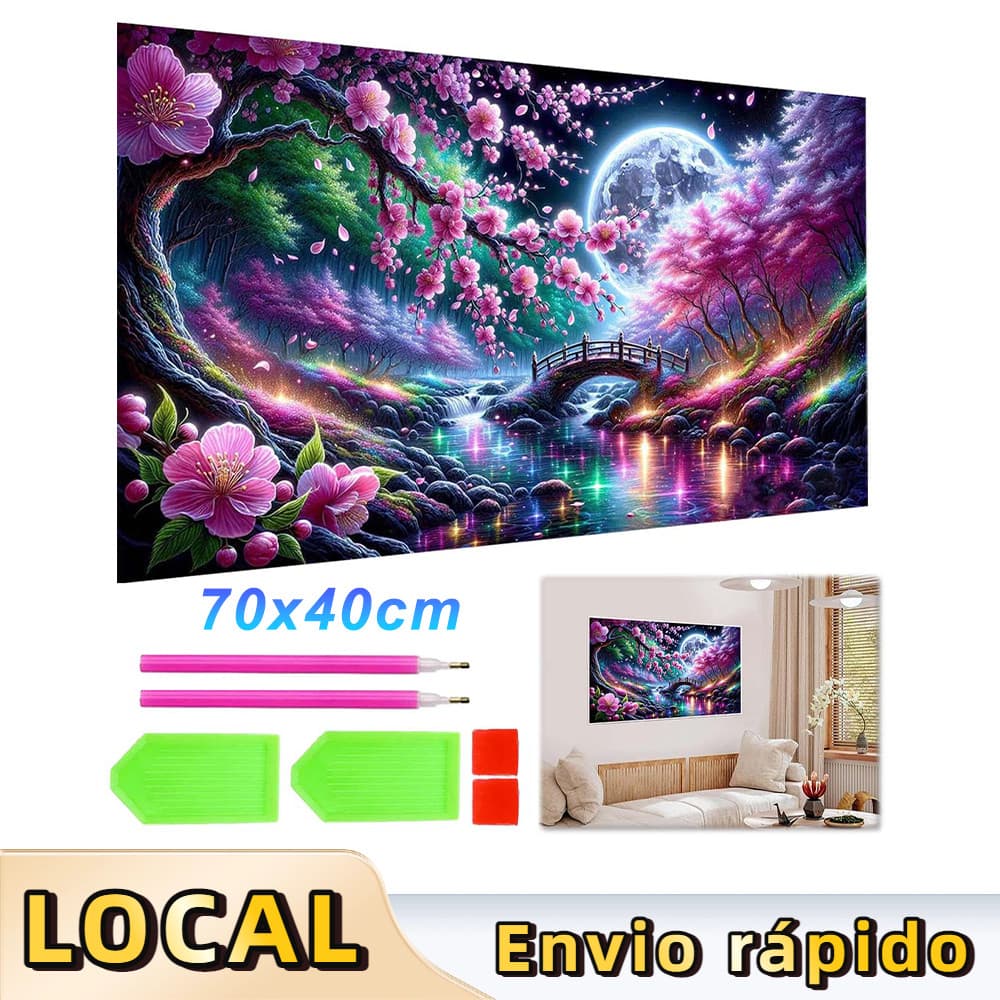 Pintura de Diamante 5D Lua Noite Sakurabashi 70x40cm – Conjunto Completo com Tela, Caneta, Bandeja e Cola, Hot Sale