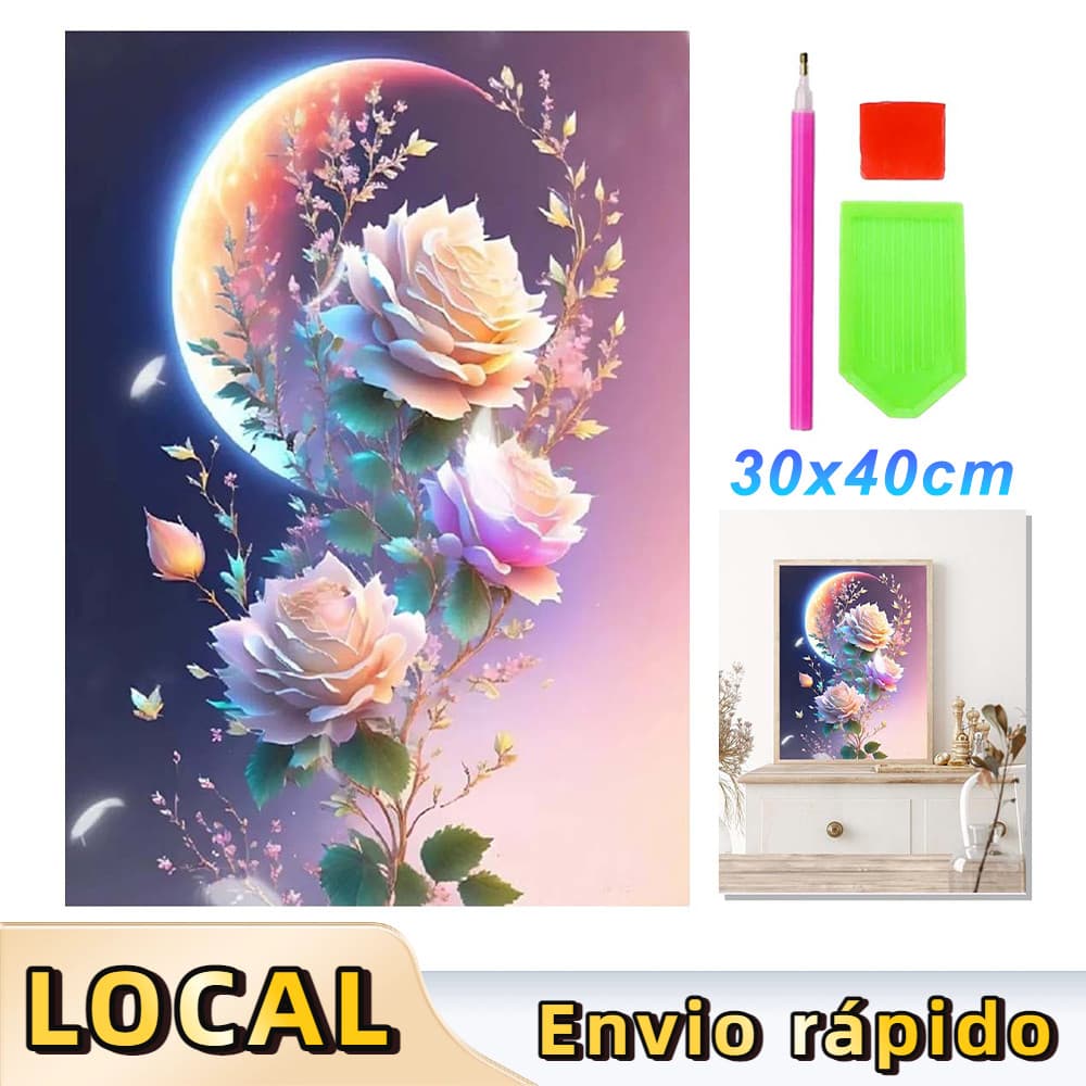 Pintura de Diamante 5D Tema Rosa sob a Lua 40x30cm – Conjunto DIY, Adequado para Iniciantes e Amantes da Arte