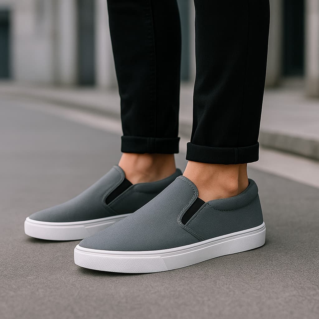 Calçado Masculino Slip-On Cinza Confortável com Solado Branco – Conforto Duradouro e Alta Versatilidade