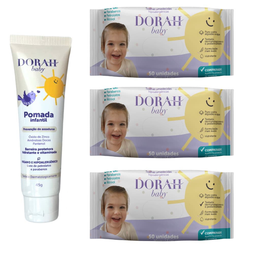 3 Pacotes Toalhas Umedecidas 50un + 1 Pomada 45g Dorah Baby Hipoalergênica
