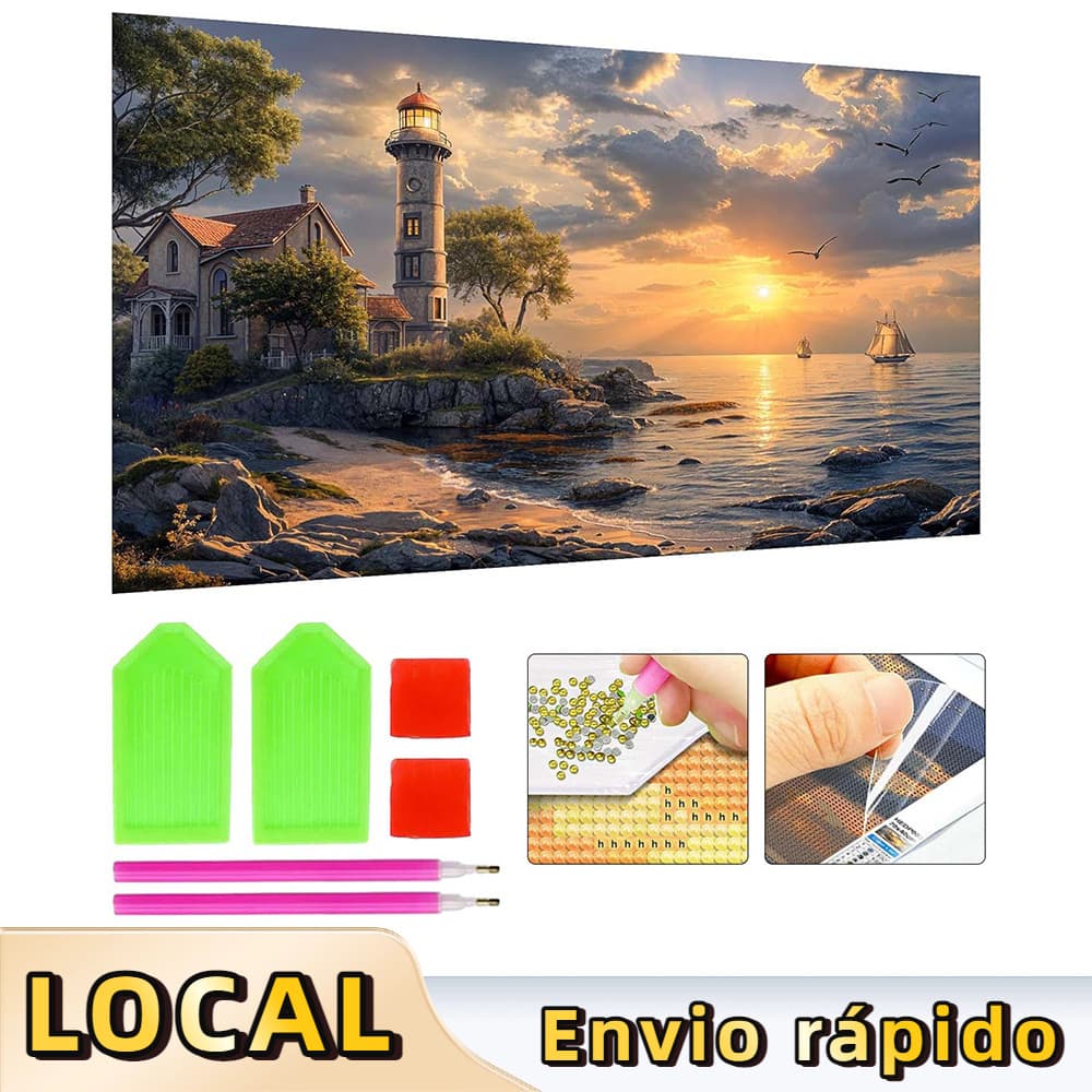 Kit Pintura Diamante 5D Farol 70x40cm DIY Decoração Parede Iniciantes