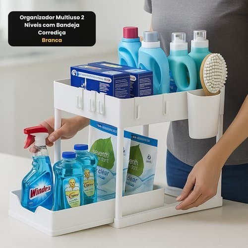 Organizador Multiuso 2 Níveis Com Bandeja Corrediça Branco Para Cozinha Banheiro Escritório