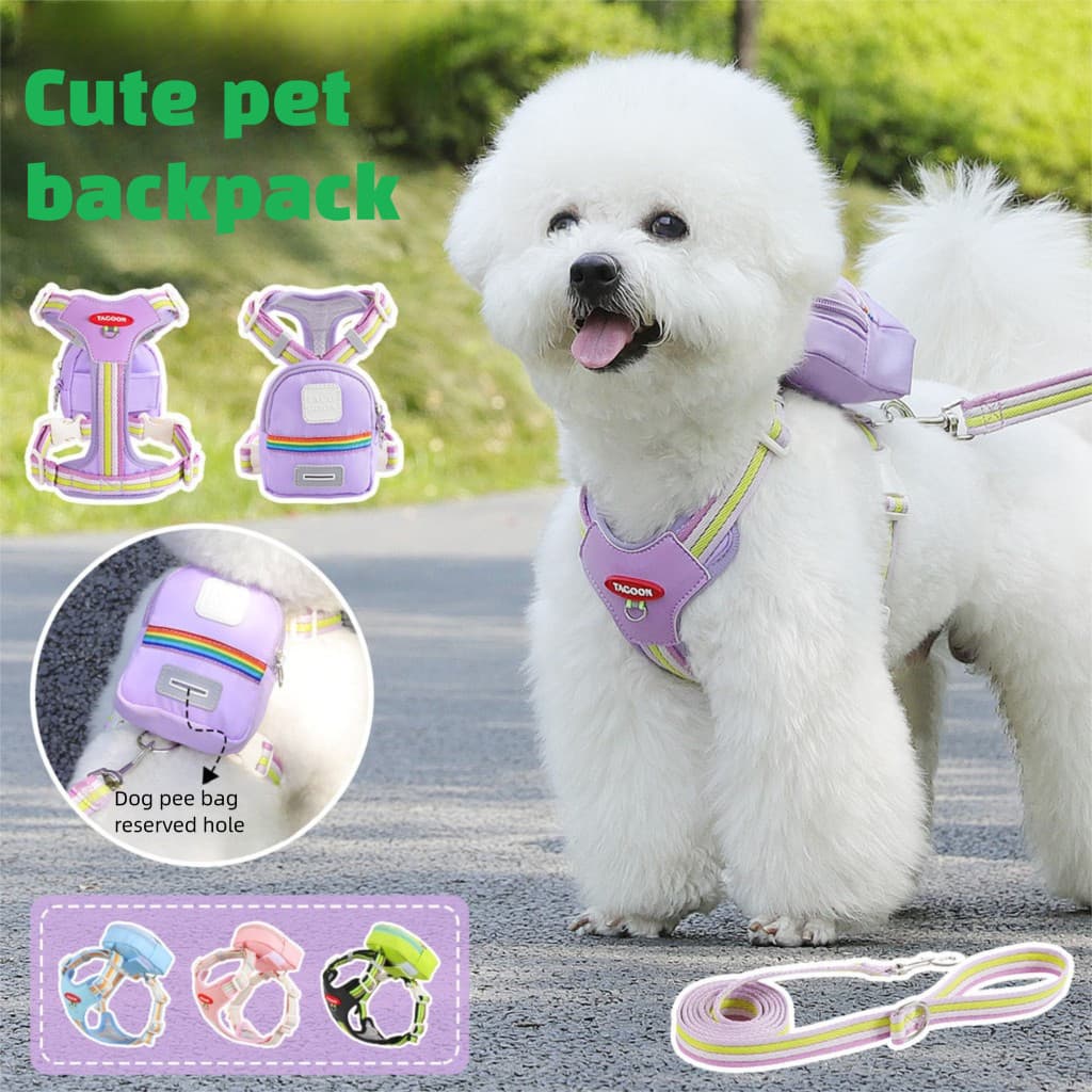 Coleira com Guia para Cães com Mochila Integrada, Corda de Tração para Cães Pequenos e Médios, Peito em Malha Respirável