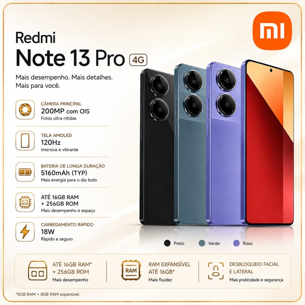 Smartphone Xiaomi Redmi Note 13 Pro 4G NFC 8GB 256 GB NFC Global Bateria 5000mAh 67W UE NOVO