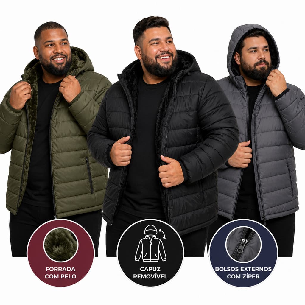 Jaqueta Masculina Plus Size Bobojaco Puffer Inverno Forrada Peluciada Capuz Removível Corta vento Proteção Frio Intenso