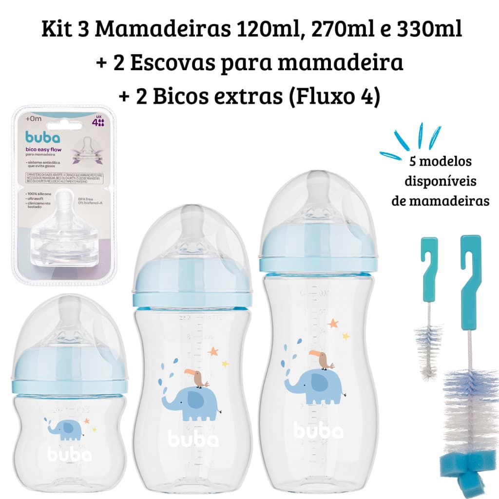 Kit 3 Mamadeiras Easy Flow Buba 120/270/330ml + Bico Fluxo 4 + Kit Escovas Para Lavar Mamadeira