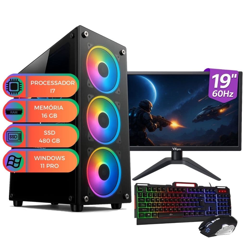 Computador PC Gamer Completo Up Starter V2 Intel I7 Memória 16 GB SSD 480 GB Kit Gamer Teclado e Mouse Monitor 19"