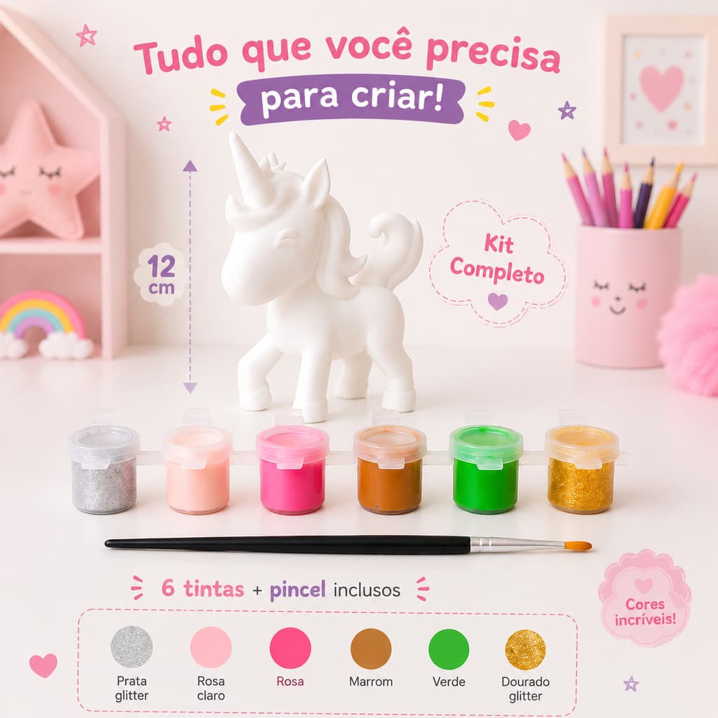 Kit Unicórnio para Pintar Infantil + Tintas Guache Laváveis e Pincel | Brinquedo Criativo Educativo