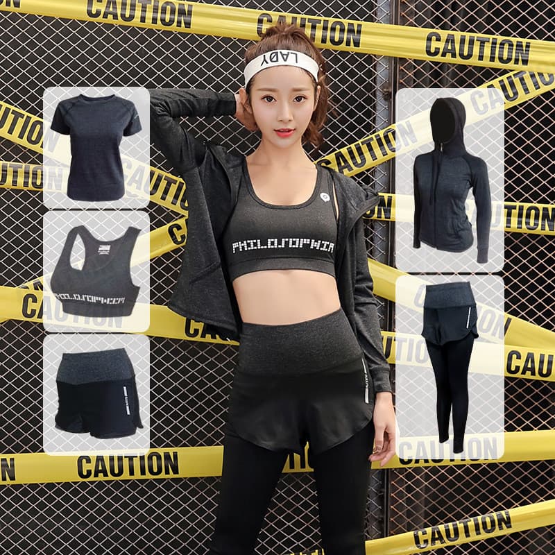 Terno esportivo feminino outono correndo roupas de Fitness de secagem rápida roupas de Yoga terno de 5 peças terno ginás